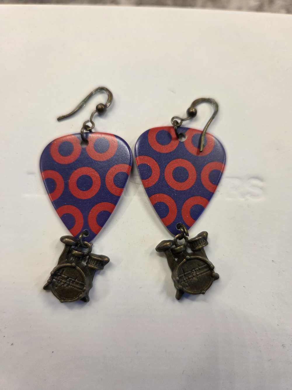 Phish Donut Guitar Pick Dangle Earrings with Drum Charms - Blue & Red